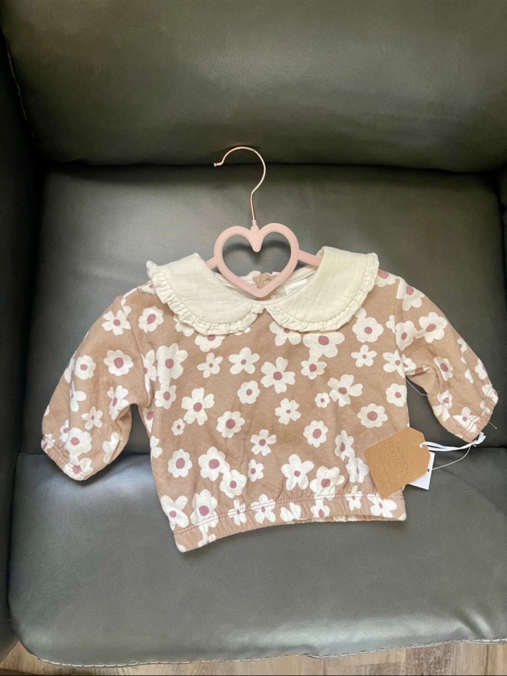 Baby Floral Top with Peter Pan Collar - Beige & White